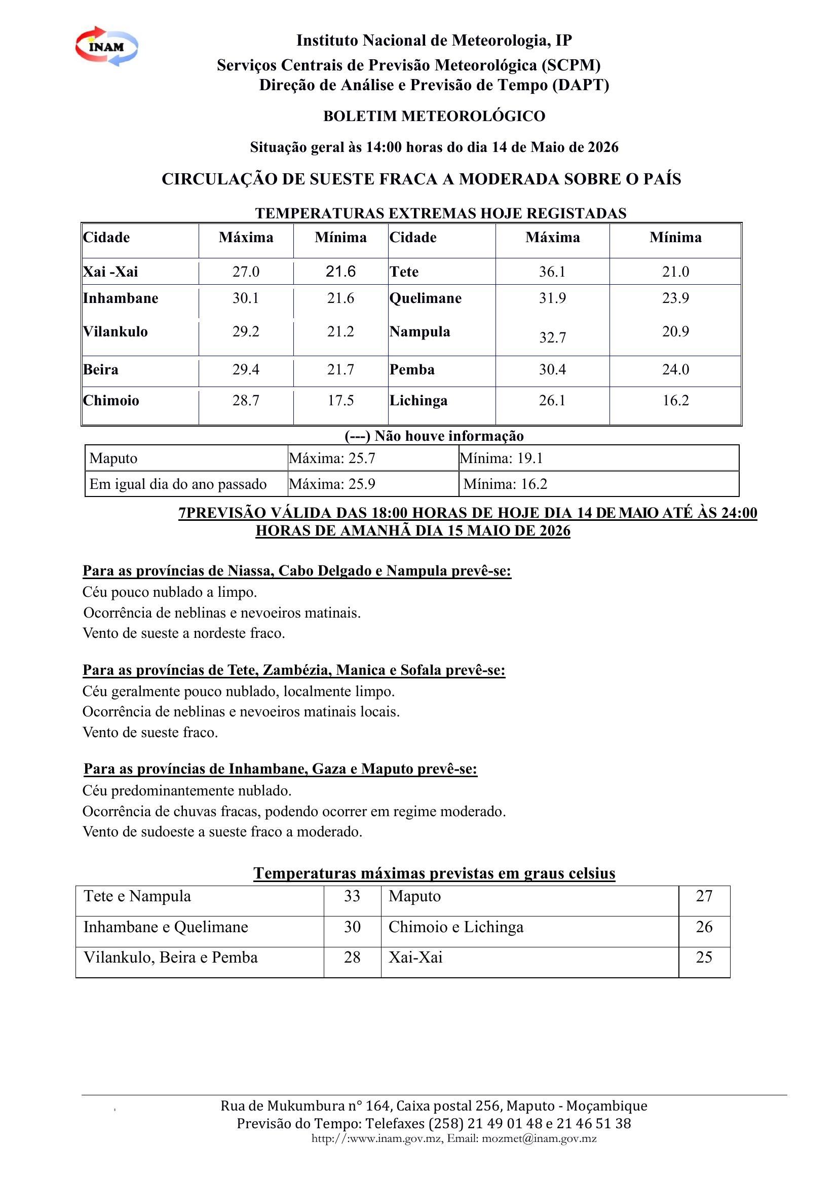 Situação geral às 14:00 horas do dia 14 de Maio de 2026